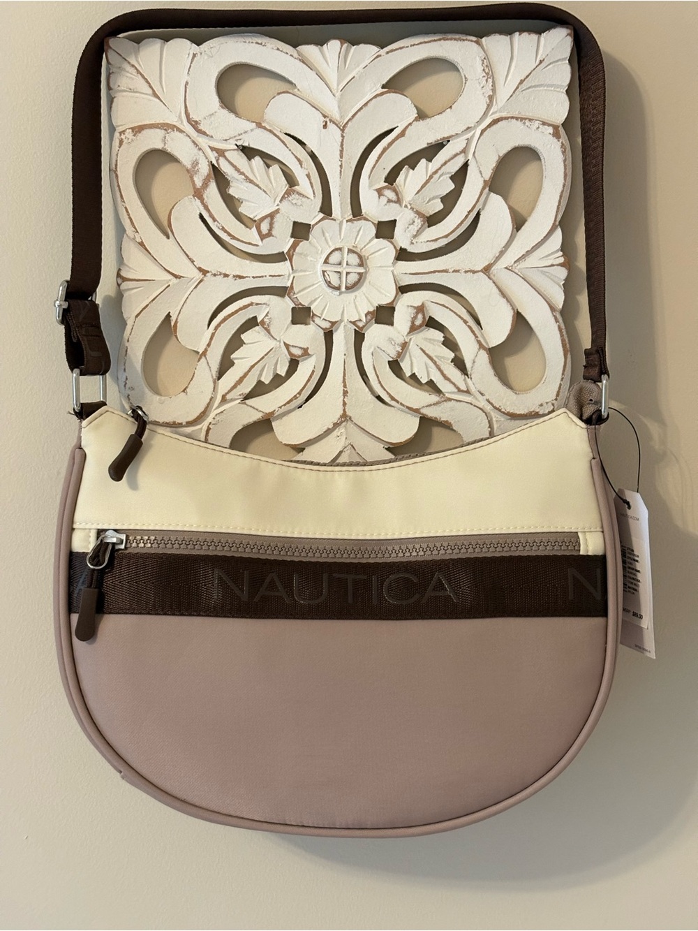 Nautica Two-Tone Cream & Taupe Crossbody with Brown Trim
